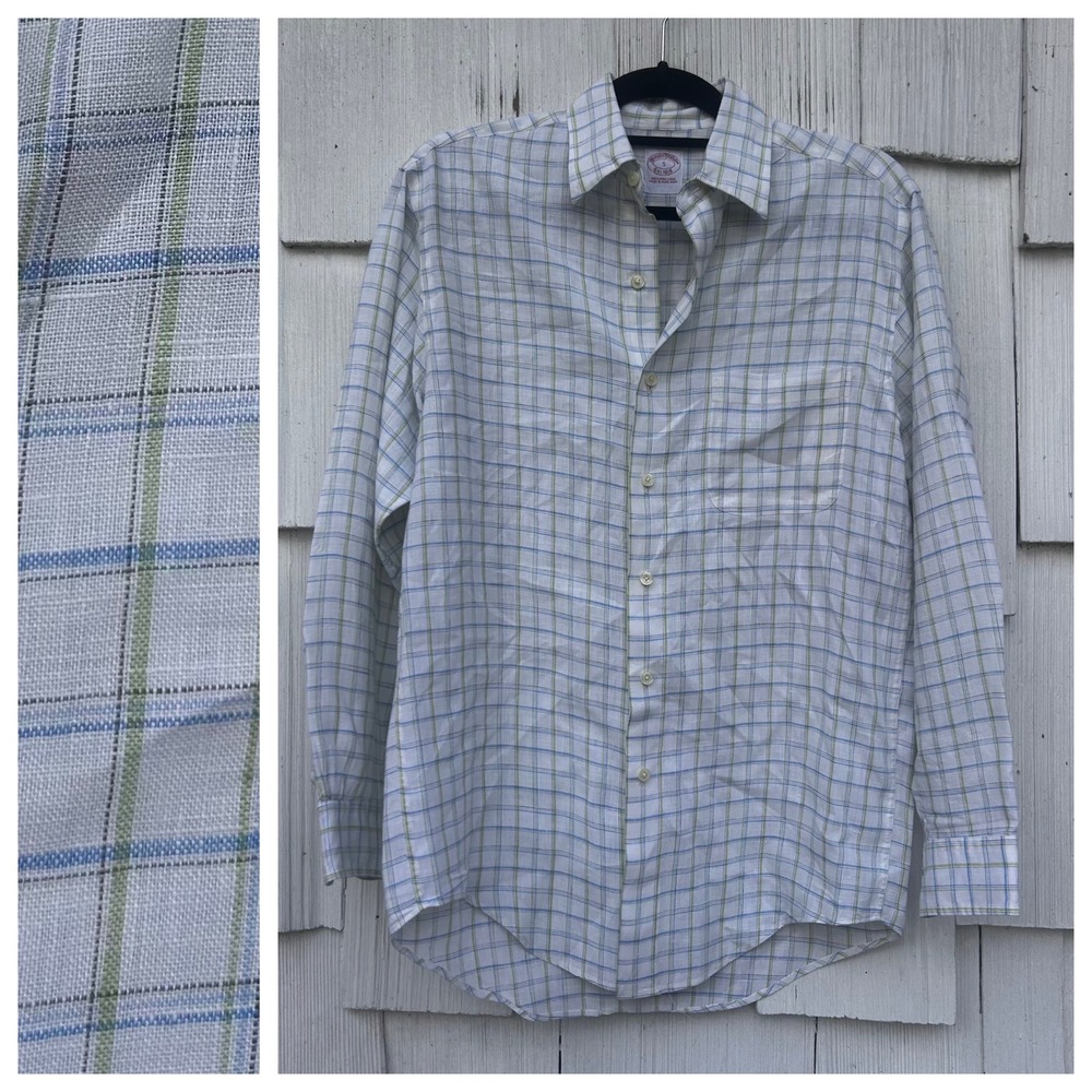 Brooks Brothers Mens Small 100% Irish Linen Plaid Button Down Shirt White Blue